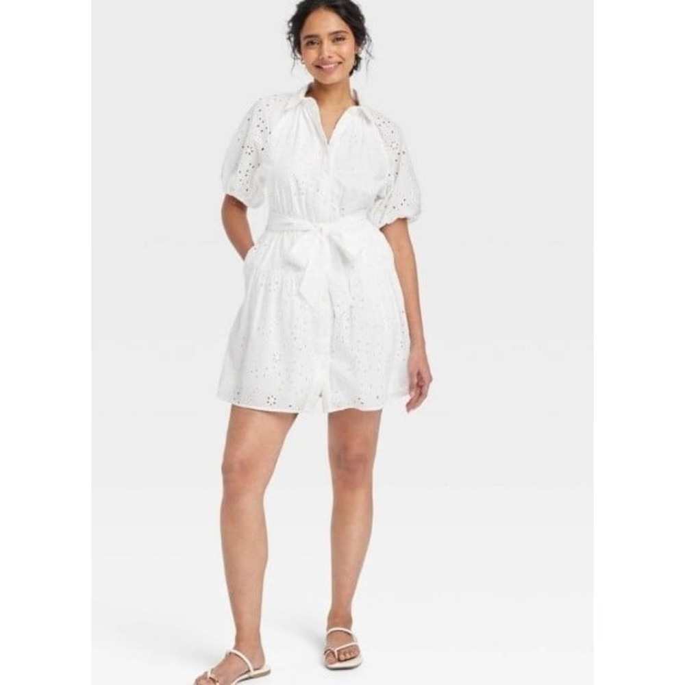 Tiered White Eyelet button down dress Women SZ XL balloon sleeve tie belt pocket